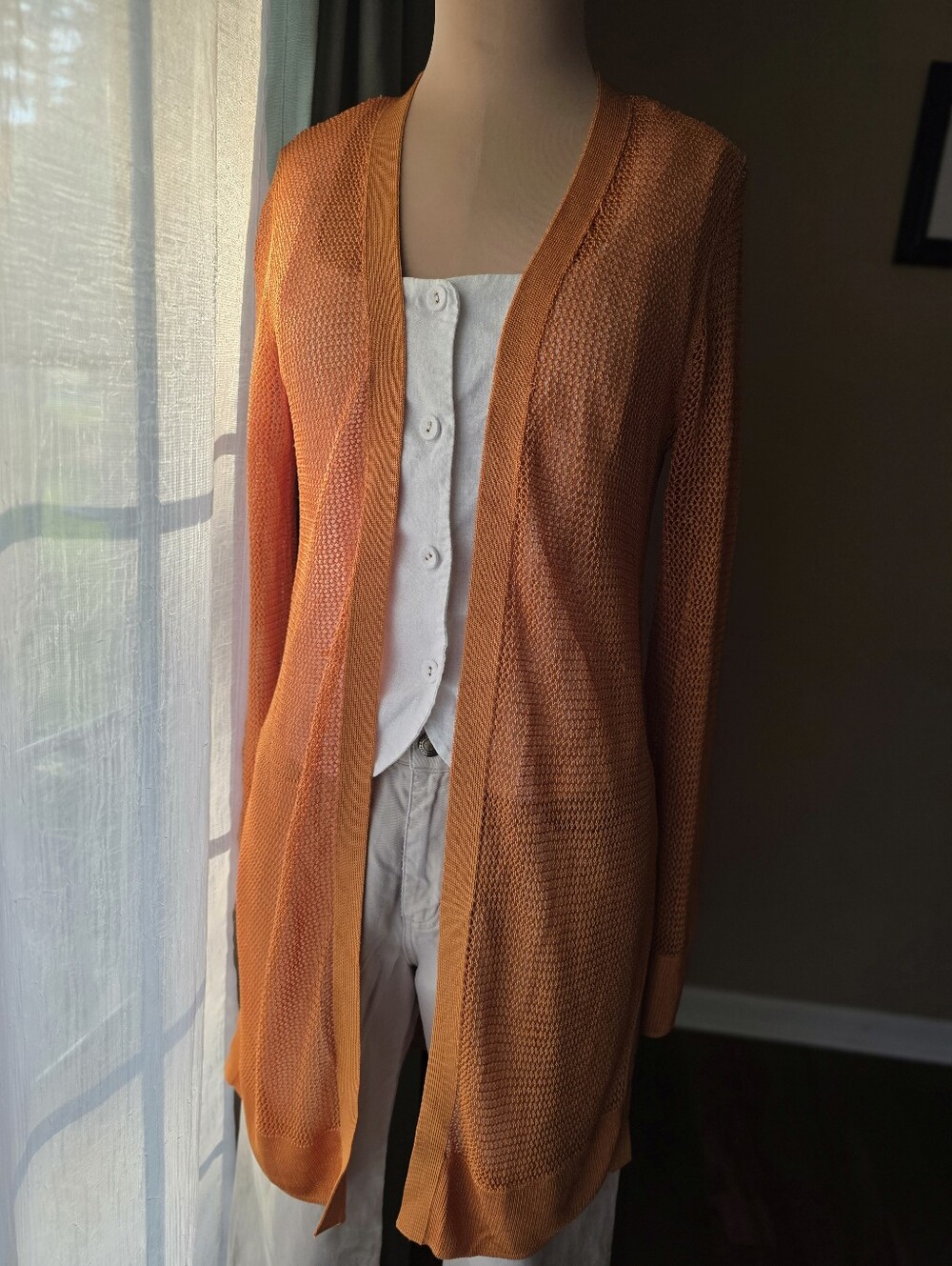 White House Black Market Sunny Orange Open Stitch Longline Cardigan Sweater XS